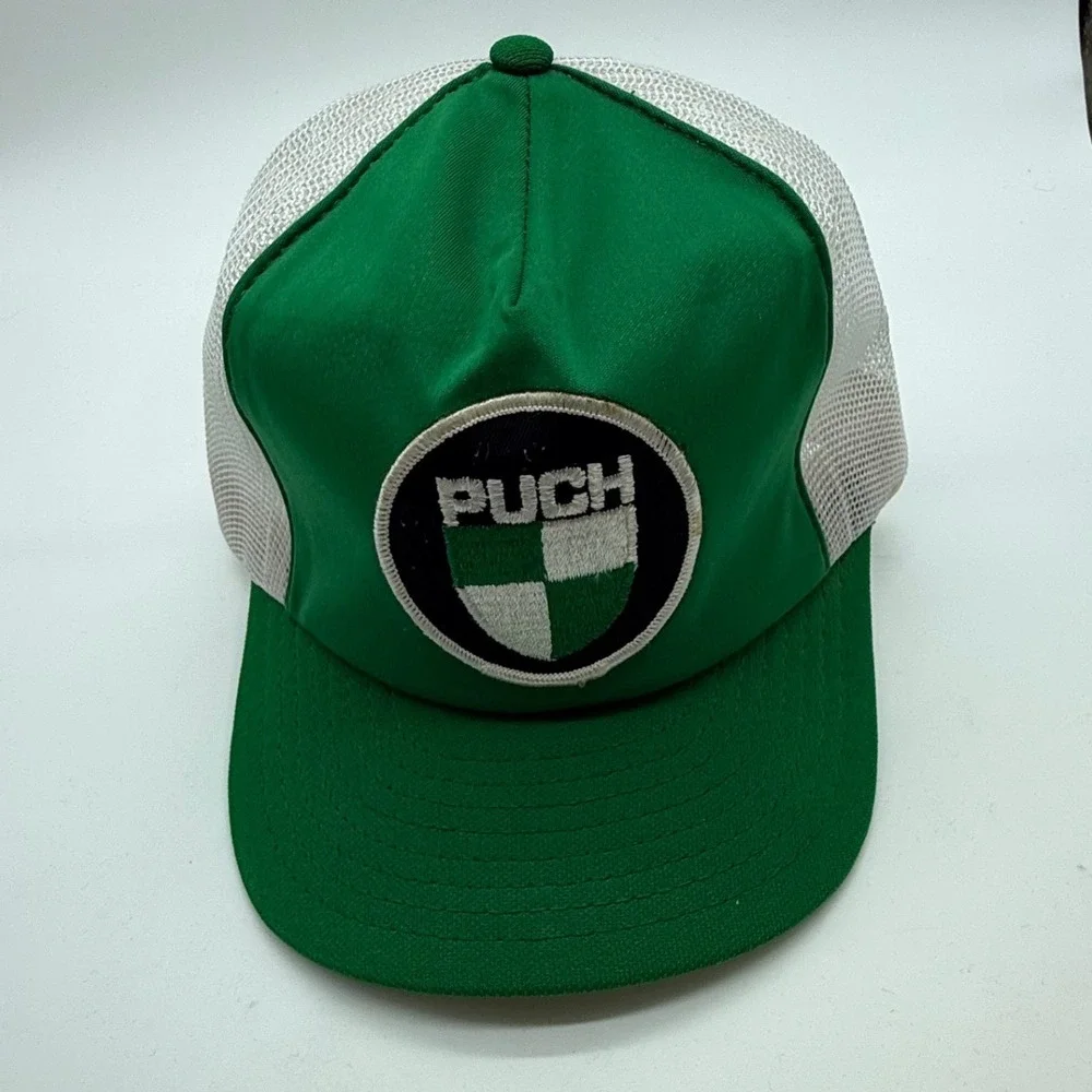 Vintage Puch Moped Trucker Hat Green White Mesh Snapback US Cap Made in USA
